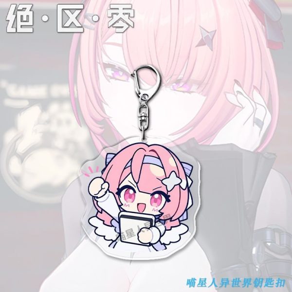 Zenless Zone Zero Remiel chibi acrylic keychains displaying funny gaming reaction expressions like crying, blushing, and cheering while holding a white game controller.