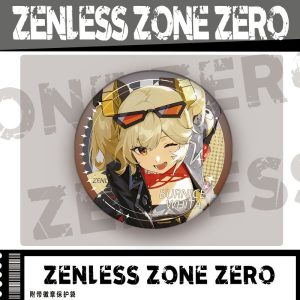 Round metal pin badge featuring Zenless Zone Zero character Burnice White printed in high definition with an included protective sleeve.