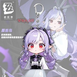 Cute chibi acrylic keychain of Zenless Zone Zero character Vivian with a silver key ring and lobster clasp attached.