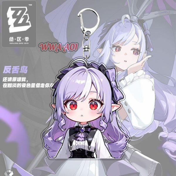 Cute chibi acrylic keychain of Zenless Zone Zero character Vivian with a silver key ring and lobster clasp attached.