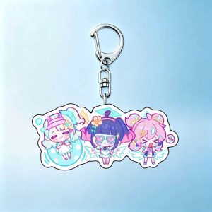 Chibi acrylic keychains of Zenless Zone Zero Delusional Angels characters Nangong Yu, Chinatsu, and Arui with silver lobster clasps.