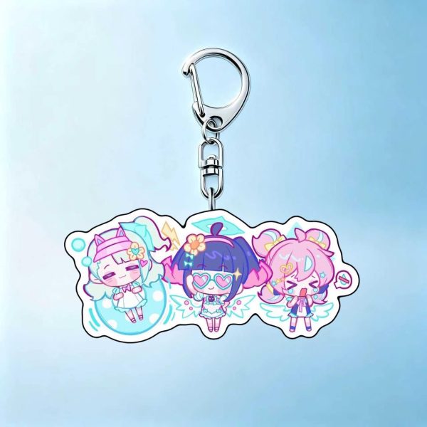 Chibi acrylic keychains of Zenless Zone Zero Delusional Angels characters Nangong Yu, Chinatsu, and Arui with silver lobster clasps.