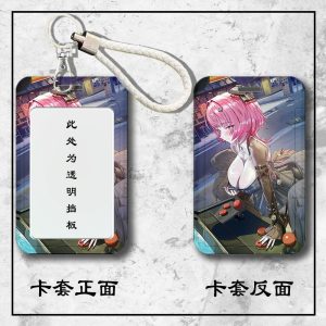 Front and back view of a Zenless Zone Zero Remiel sliding hard plastic ID card holder with a clear display window and attached braided wrist strap.