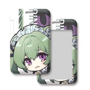 Front and back view of a Zenless Zone Zero chibi Corin and Chinatsu sliding hard plastic ID card holder with a transparent display window.