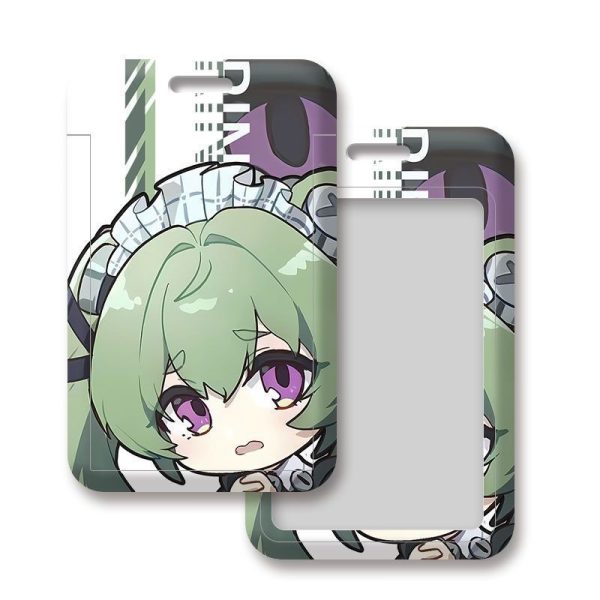 Front and back view of a Zenless Zone Zero chibi Corin and Chinatsu sliding hard plastic ID card holder with a transparent display window.