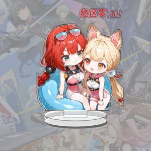 A collection of Zenless Zone Zero chibi anime acrylic standees featuring various characters standing on clear plastic bases.