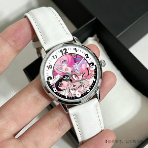 Round silver Zenless Zone Zero anime quartz wristwatch with white leather strap featuring colorful chibi anime character illustrations on the dial.