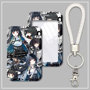 Hard plastic ID card sleeve featuring Zenless Zone Zero character Hoshimi Miyabi with a clear window and attached white braided wristlet lanyard keychain.