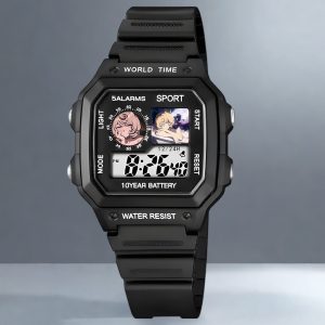 Square digital sports watch in matte black and silver cases featuring custom Zenless Zone Zero anime character illustrations printed on the upper display windows.