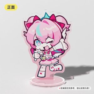 Cute pink chibi anime girl acrylic standee figure from Zenless Zone Zero mounted on a clear round base.