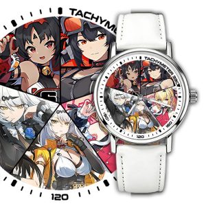 Silver round Zenless Zone Zero anime wristwatch with a white strap featuring a character collage dial with Ellen Joe, Nicole, Lycaon, Koleda, and Nekomata.