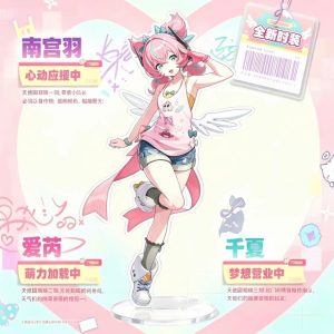 Clear Zenless Zone Zero acrylic standee featuring Chinatsu, Eri, and Nangong Yu in pink winged Delusional Angel idol outfits on round display bases.