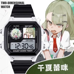 Black and silver square digital sports watch with a clear LCD screen featuring Zenless Zone Zero character Chinatsu Remi on the dial face displays.