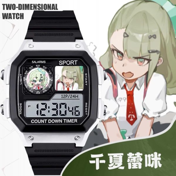 Black and silver square digital sports watch with a clear LCD screen featuring Zenless Zone Zero character Chinatsu Remi on the dial face displays.