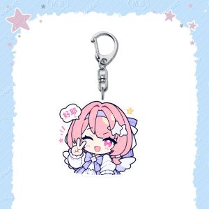Acrylic keychain of chibi Remiel from Zenless Zone Zero with pink hair, angel wings, and cute speech bubbles on a silver lobster clasp.