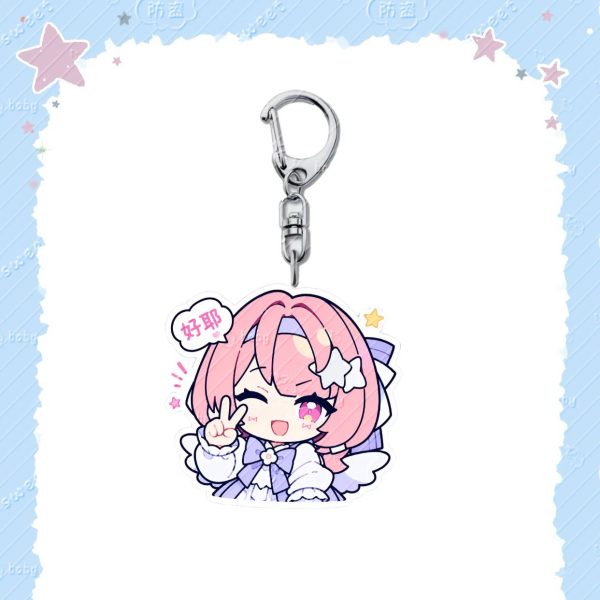 Acrylic keychain of chibi Remiel from Zenless Zone Zero with pink hair, angel wings, and cute speech bubbles on a silver lobster clasp.