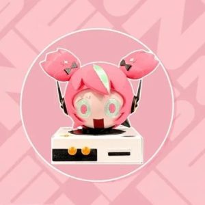 A 3D printed pink mascot model of Eri's signature W-Engine Spirit in the Shell from Zenless Zone Zero mounted on a mechanical display stand base.