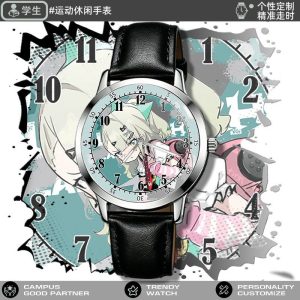 Round silver analog watch featuring Zenless Zone Zero character Chinatsu printed on the face, styled with black and white leather straps.
