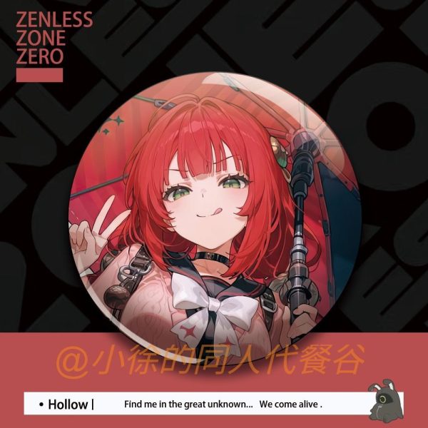 Round tinplate anime pin badge featuring red-haired Yuzuha Fuwa from Zenless Zone Zero in vibrant fanmade illustrations.