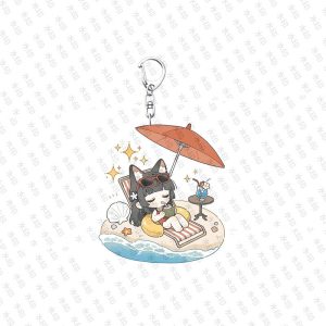 Alt Text: Cute chibi acrylic keychains featuring Zenless Zone Zero character Hoshimi Miyabi in various cozy themed poses with silver metal keyring clasps.