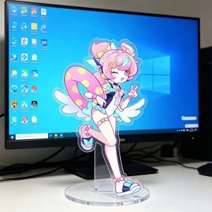 Zenless Zone Zero acrylic standees featuring three anime characters in pastel swimsuits with summer accessories standing in front of a computer screen.