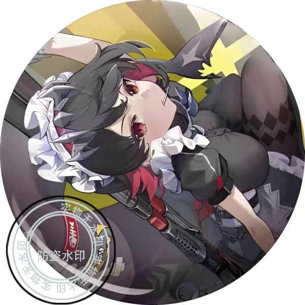 Round tinplate anime pin badges featuring shark-maid Ellen Joe from Zenless Zone Zero in vibrant artwork poses.