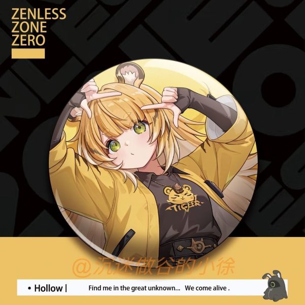 Round tinplate pin badges featuring yellow-haired Ju Fufu from Zenless Zone Zero in cute tiger-themed fanart poses.
