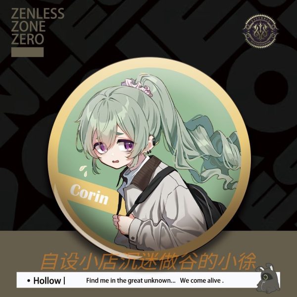 Set of round tinplate anime pin badges featuring Zenless Zone Zero characters Qingyi, Lucy, Piper, Corin, and Ju Fufu in custom fanart styles.