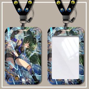 Zenless Zone Zero hard plastic card sleeve featuring characters like Hoshimi Miyabi and Wise with an attached neck lanyard.