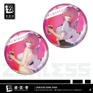 Round tinplate anime badges featuring Zenless Zone Zero character Remiel holding an iced drink in a white swimsuit and a sailor school uniform.