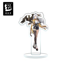 Clear acrylic standee figures of Zenless Zone Zero characters including Harumasa with a bow, Yixuan, Miyabi with a katana, Dialyn, and Clara with a bird.