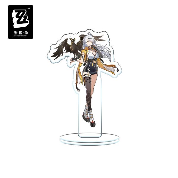 Clear acrylic standee figures of Zenless Zone Zero characters including Harumasa with a bow, Yixuan, Miyabi with a katana, Dialyn, and Clara with a bird.