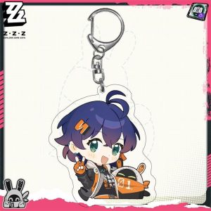 Chibi acrylic keychains featuring Zenless Zone Zero characters including Ellen Joe, Wise, Belle, and Koleda attached to silver metal keyrings.