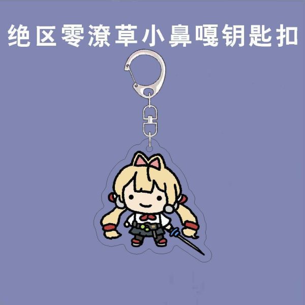Acrylic keychain featuring Zenless Zone Zero characters rendered in a funny doodle scribble chibi style with a silver metal clasp.