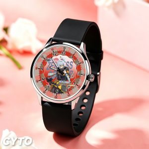 Round silver wristwatches featuring printed Zenless Zone Zero characters Anby, Billy, Ben Bigger, and Soldier 11 on the dials with black and white silicone straps.