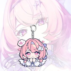 Clear acrylic keychain of Zenless Zone Zero character Lumiere in cute chibi style with various expressions attached to a silver metal clasp.