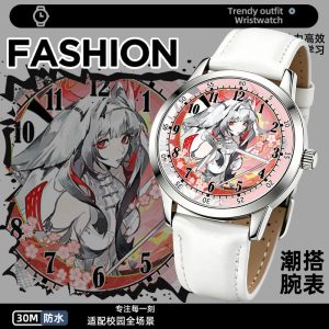 Round silver anime wristwatch featuring printed Zenless Zone Zero character Ye Shunguang on the dial with a white stitched leather strap.