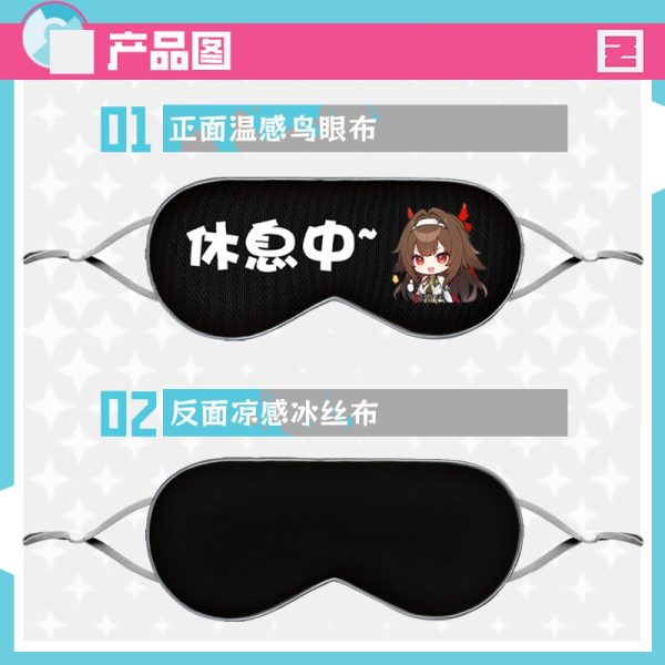 Dual-sided Zenless Zone Zero anime sleep eye mask showing chibi character art on the front fabric and a black cooling ice silk layer on the back.