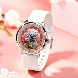 Round silver wristwatches featuring printed Zenless Zone Zero characters Anby, Billy, Ben Bigger, and Soldier 11 on the dials with black and white silicone straps.