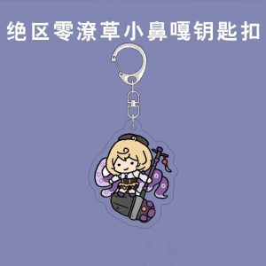 Acrylic keychain featuring Zenless Zone Zero characters rendered in a funny doodle scribble chibi style with a silver metal clasp.