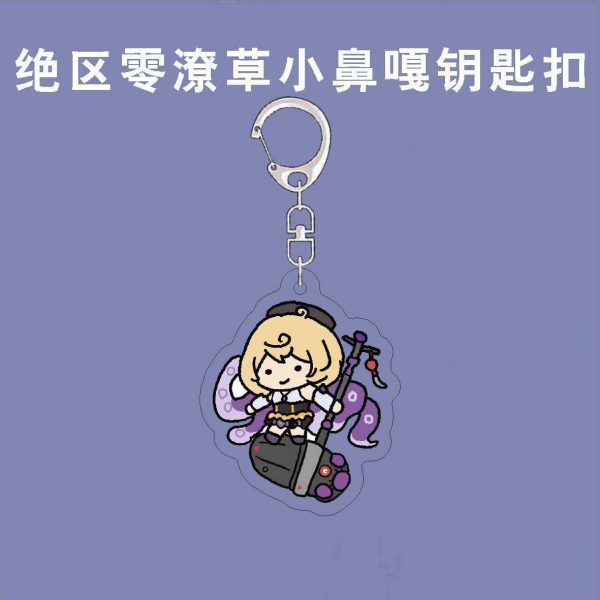 Acrylic keychain featuring Zenless Zone Zero characters rendered in a funny doodle scribble chibi style with a silver metal clasp.