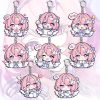 Clear acrylic keychain of Zenless Zone Zero character Lumiere in cute chibi style with various expressions attached to a silver metal clasp.