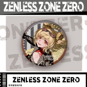 Round metal pin badge featuring Zenless Zone Zero character Burnice White printed in high definition with an included protective sleeve.