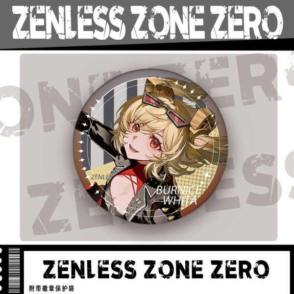 Round metal pin badge featuring Zenless Zone Zero character Burnice White printed in high definition with an included protective sleeve.