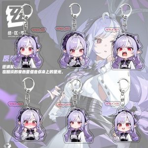 Cute chibi acrylic keychain of Zenless Zone Zero character Vivian with a silver key ring and lobster clasp attached.