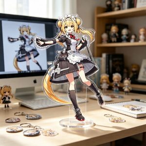 Acrylic standee of Zenless Zone Zero character Cissia dressed in a blonde twin-tailed maid outfit standing on a clear plastic base.