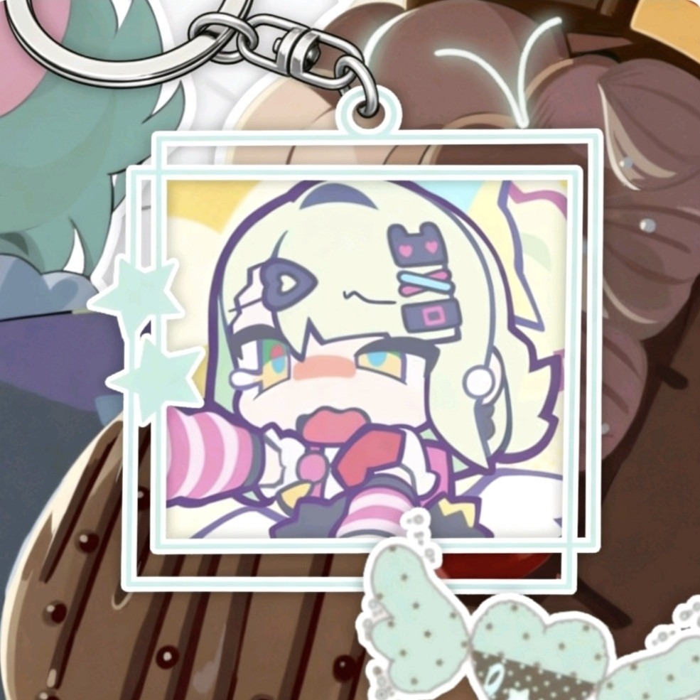 Acrylic keychain of Zenless Zone Zero character Chinatsu in Delusional Angels style framed in a white double-square border with a silver ring clasp.