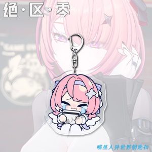 Zenless Zone Zero Remiel chibi acrylic keychains displaying funny gaming reaction expressions like crying, blushing, and cheering while holding a white game controller.