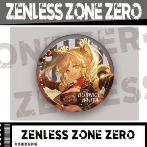 Round metal pin badge featuring Zenless Zone Zero character Burnice White printed in high definition with an included protective sleeve.