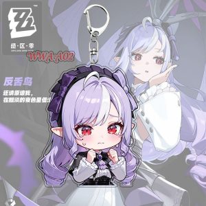 Cute chibi acrylic keychain of Zenless Zone Zero character Vivian with a silver key ring and lobster clasp attached.